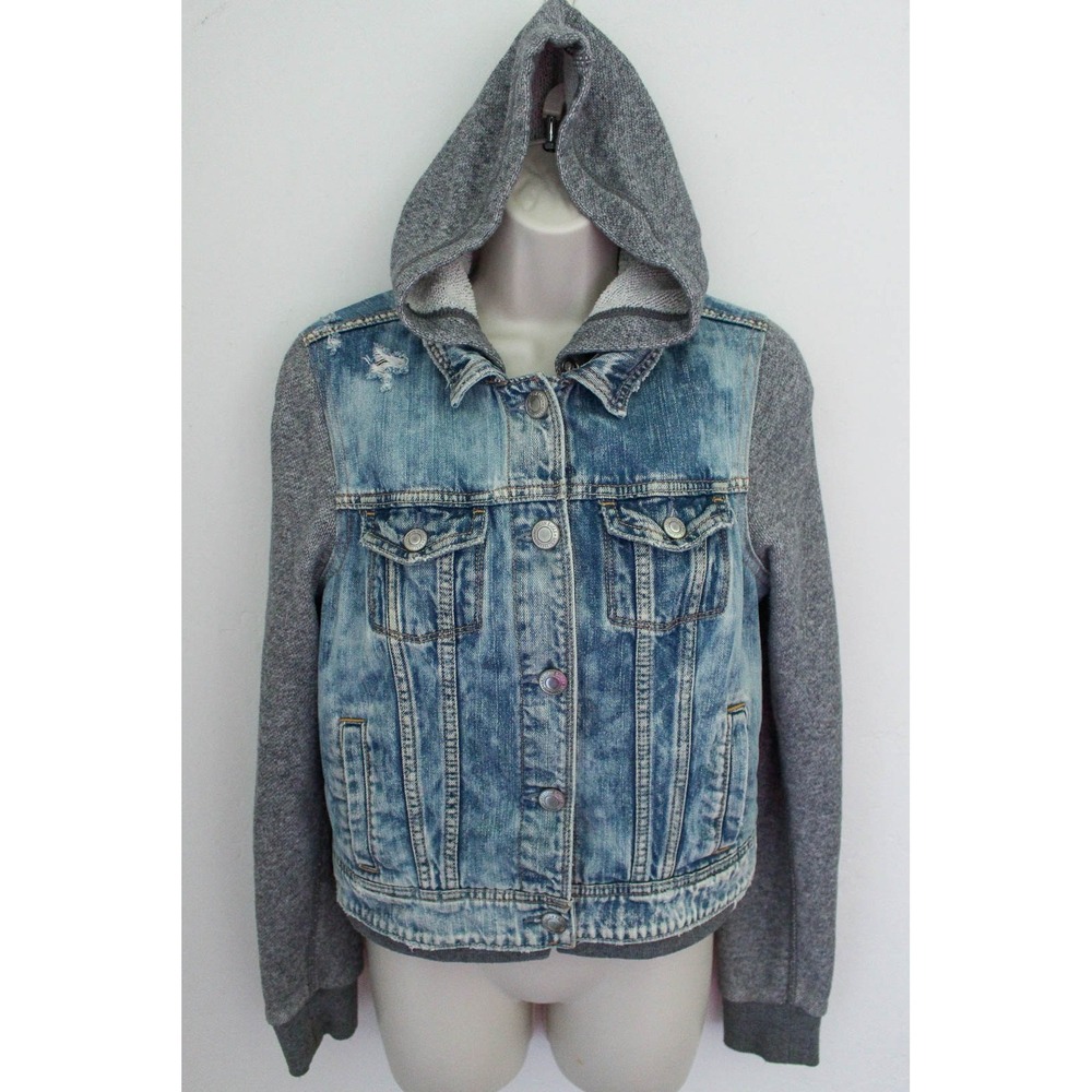 American Eagle Jacket Womens Medium Blue Hoodie Distressed Denim Gray Sleeves